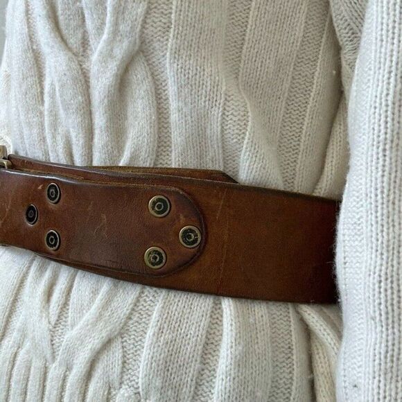 Vintage Womens 1970s Brown Leather Solid Brass Geometric Hippie Belt Sz L - Picture 4 of 5